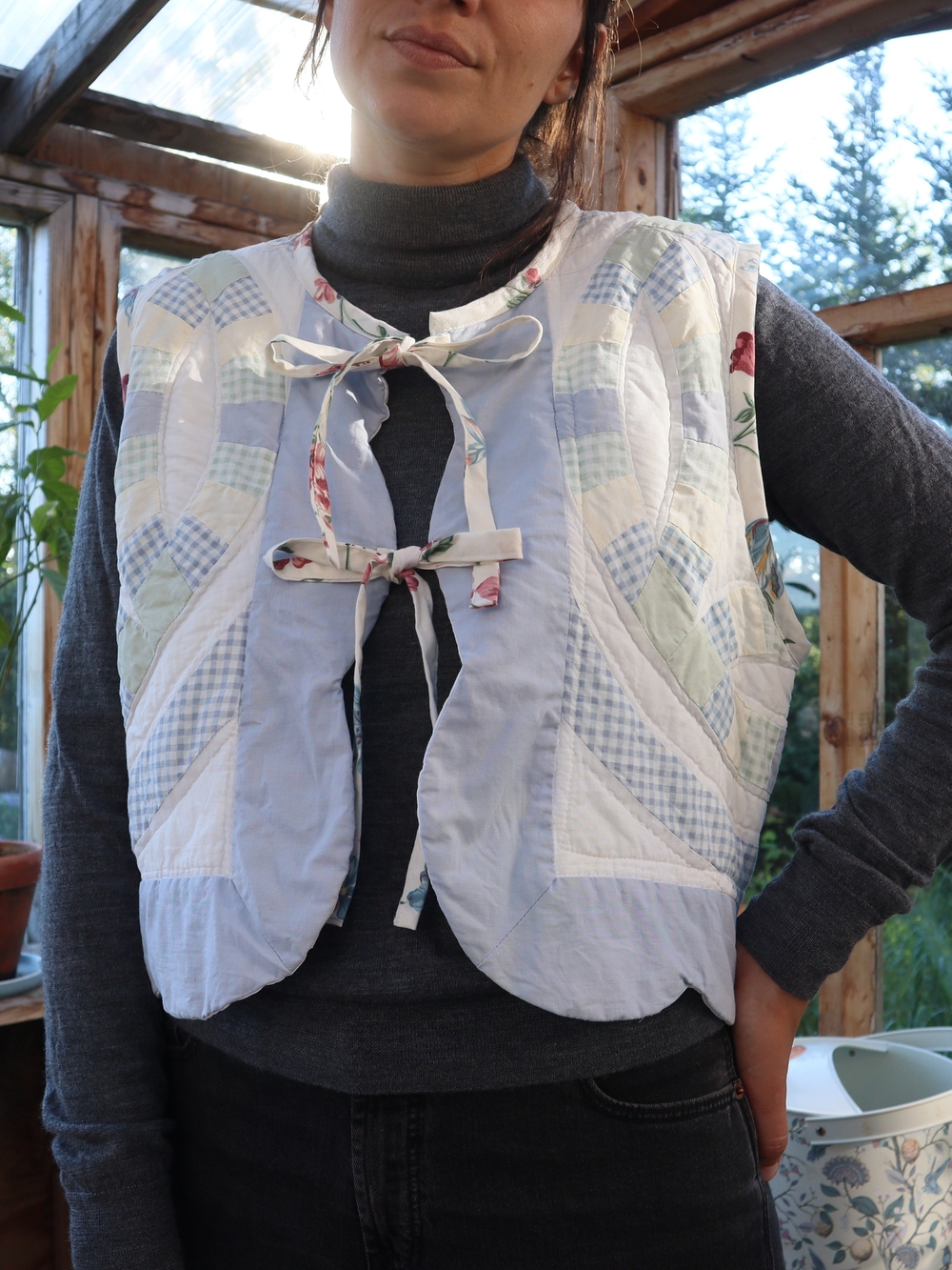 Upcycled Light Blue Patchwork Quilt Tie-Front Vest M • L • XL